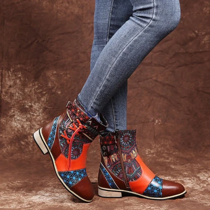 Vintage Ladies Fashion Boots PU Fringed Cross Tied Print Patchwork Zipper Low Heel Women's Ankle Boots Floral Boots Bohemian