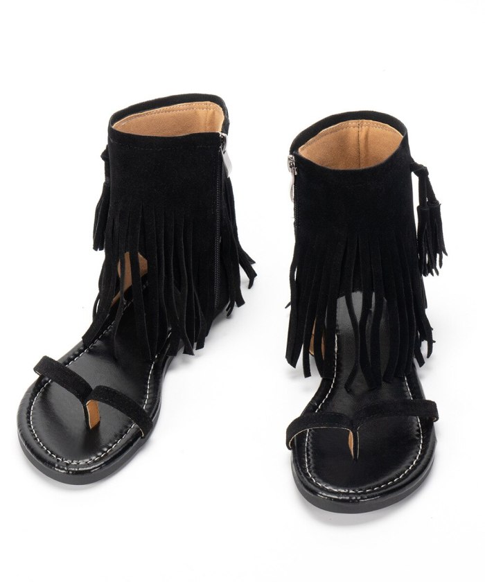 Roman Style Zip Sandals for Women, 2021 Autumn New Bohemia Fringe Flat Sandalias, Retro Gladiator Ladies Clip Toe Vintage Boots