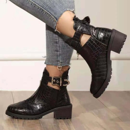 Fashion Zipper Buckle Women's Boots Print Mid-heel Leather Short Boots Warm Women Shoes Autumn Winter Luxury Brands Ankle Boots