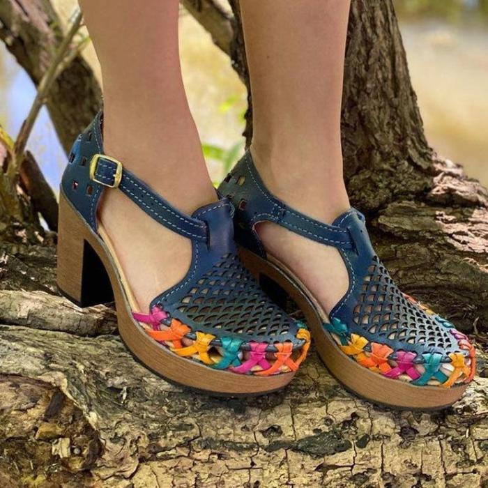 Women Sandals Summer New Square Heel Printed Buckle Strap Ladies Hollow Out Ladies Footwear Casual Outdoor Beach Female Shoes