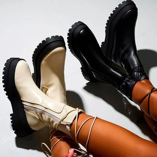 Women's Ankle Boots Platform Fashion 2021 Ladies Boots PU Leather Shoes Plus Size Women Lace Up Thick Bottom Female Footwear