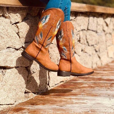 Cowboy Boots Pu Leather Embroidery Low Heels Women Shoes Autumn Winter Platform Vintage Ladies Western Riding Boots