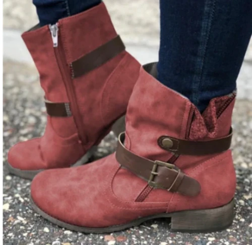 Women Genuine Leather Buckle Ankle Boots Flat Heel Oxford Fashion Boots Zipper Casual Retro Motorcycle Boots