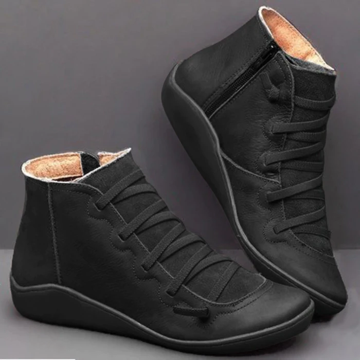 Women's Side Zipper Round Toe Flat Leather Boots