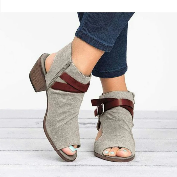 Vintage Comfort Buckle-Strap Sandals Womens Casual Leather Flats Sandals Femme Zip Open Summer Beach Sandals Plus Size 35-43