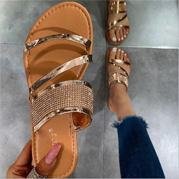 2021 Summer New Women's Fashion Gold Silver Patent Leather Flat Heel Sandals Bling Rhinestone Narrow Band Beach Casual Slippers