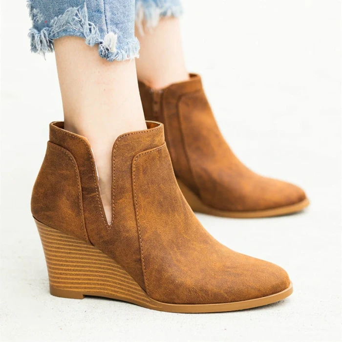 2021 new women ankle boots high heels autumn wedges pumps shoes woman vintage PU leather round toe booties