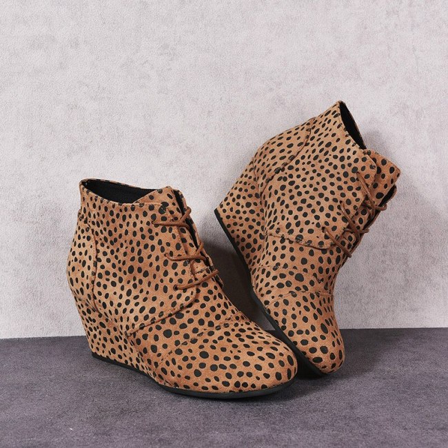 Women Autumn High Top Lace Up Leopard Platform Ankle Boots