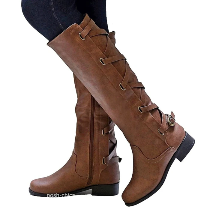 Women Knee Boots Thick Heels Zipper Lace Up Women's Buckle Shoes Woman Fashion Boot Punk Female Plus Size Drop Shipping