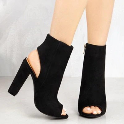 Ankle Boots Faux Suede Leather Casual Open Peep Toe High Heels Zipper Fashion Square Rubber Black Shoes For Women Plus Size 43