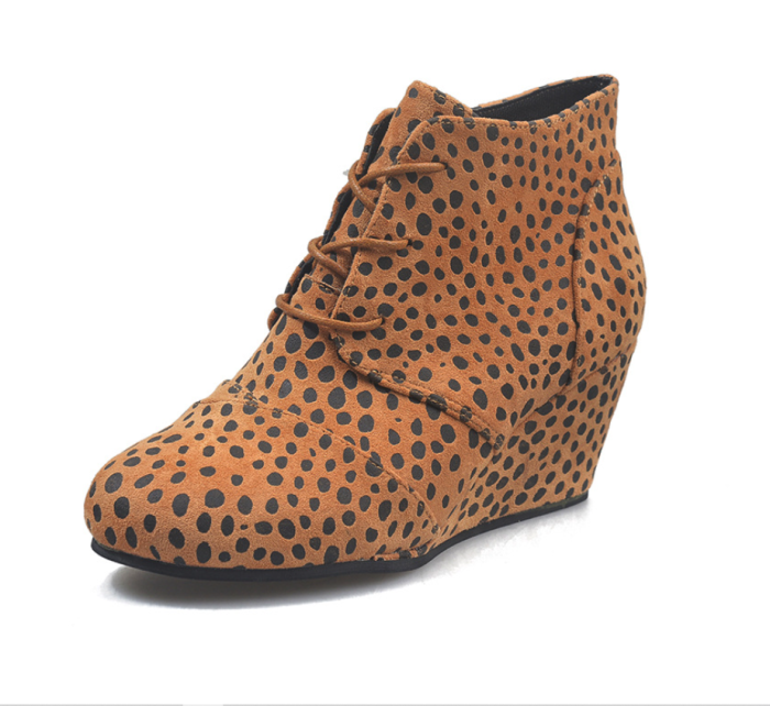 Women Autumn High Top Lace Up Leopard Platform Ankle Boots