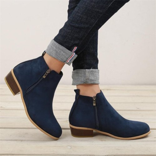 2020 Spring Women Ankle Boots Square Mid Heel Zip Shoes Woman Pointed Toe Shoes Female Classic Blue Autumn Boots Plus Size 42 43