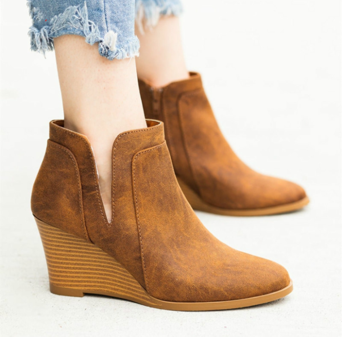 2021 new women ankle boots high heels autumn wedges pumps shoes woman vintage PU leather round toe booties
