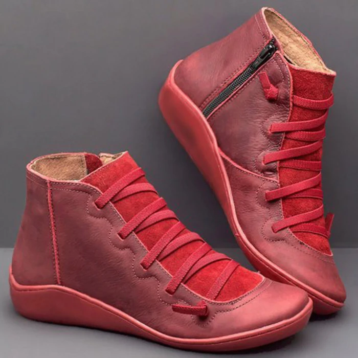 Women's Side Zipper Round Toe Flat Leather Boots