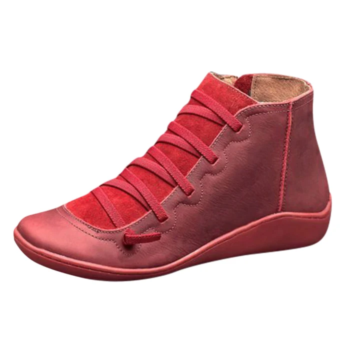 2021 New Women's Casual Flat Leather Retro Lace-up Boots Side Zipper Round Toe Shoe Leather Ankle Boots  Wram Botas