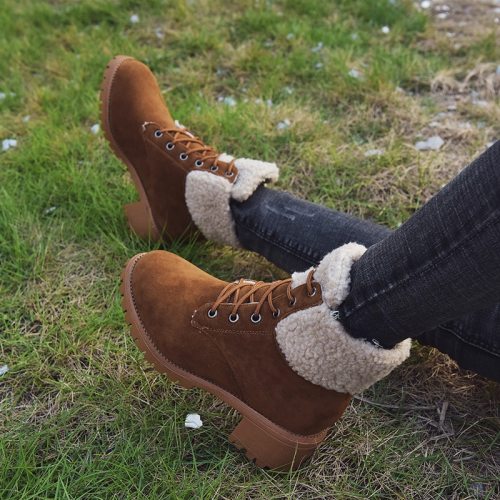 Hot sale 2021 New sexy warm Suede Flip Ankle Boot Female High Heels Female Fashion Plus Size 35-43 Women's lace-up cotton shoes