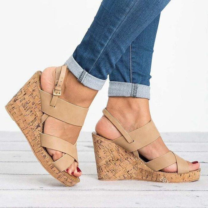Women's Cross Buckle Strap Sandals 2021 Summer Thick Sole Large Size Slope Heel Shoes Sexy Open Toe platform Ladies Beach Shoes