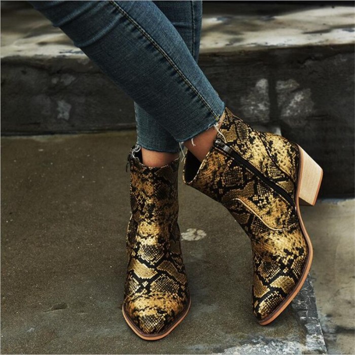 2021 Plus Size Women Boots 11cm High Heels Fetish Stripper Serpentine Ankle Boots Prom Snake Print Block Heels Chunky Red Shoes