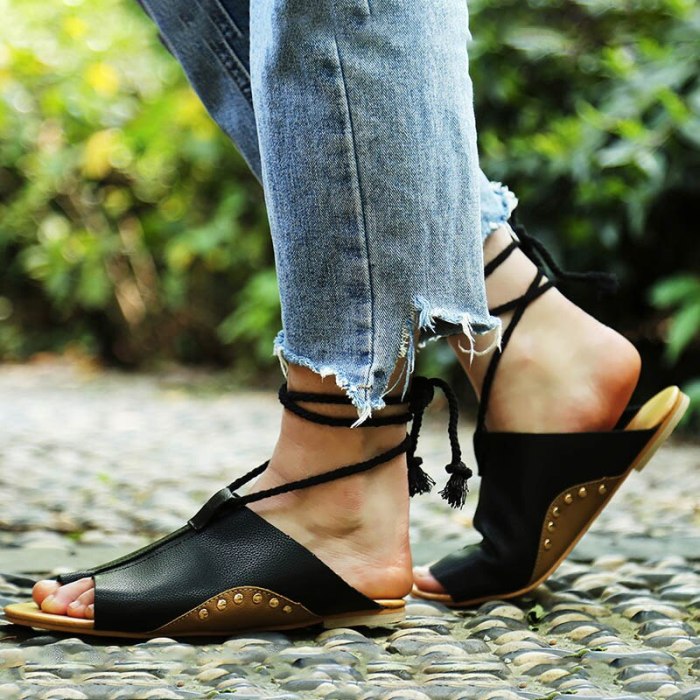 Flats Shoes Leather Gladiator  Summer Sandals Women Ankle Strap Femme Sandale 2021 Slippers Beach Flip Flops