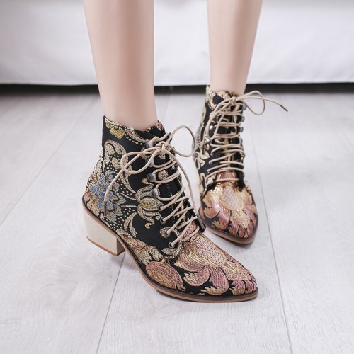 Lace-Up warm Boots Women Pointed Toe Flower Boots Microfiber Leather Ankle Boots Women Botines Luxury Botas Mujer comfortable