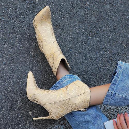 Sexy Girl Elegant Fashion Boots Pointed Toe Snake Print High Heels Boots Women Thin Heel Brand Ankle Shoes Woman