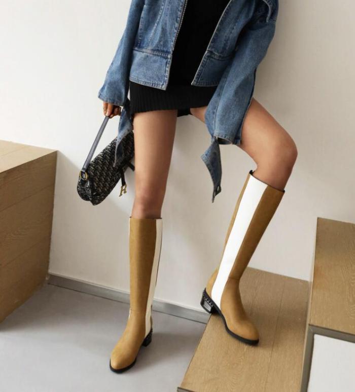 Suede Ladies Knee High Boots Spring Autumn Fashion Belt Buckle Square Toe Knight Boots Winter Comfortable Low-Heel Shoes