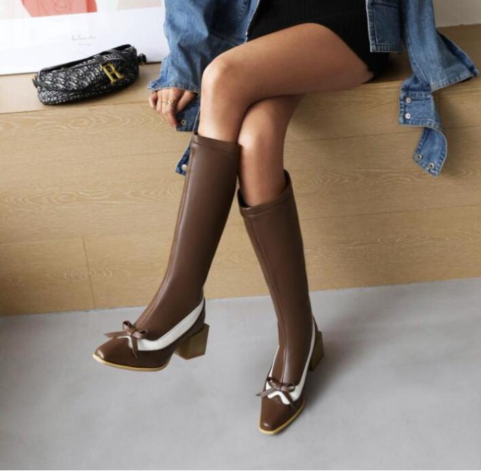 Western Boots Fashion Wedding Pointed Toe Women Knee High Boots Slip on Boots Autumn Winter Shoes Big Size 43 Blue Black Brown