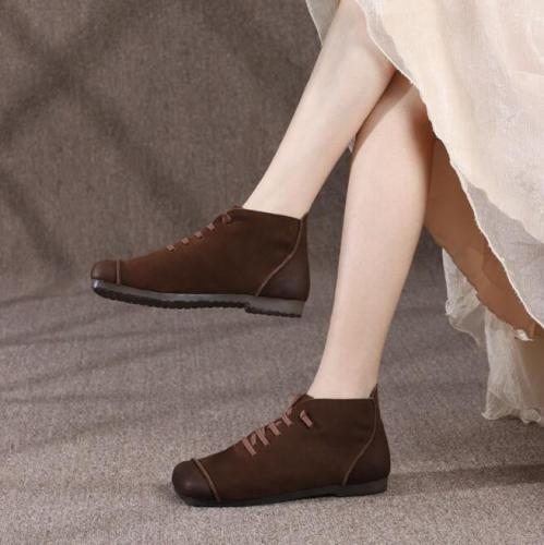 Winter Womens Ankle Boots Lace Up Square Toe Low Heel Shoes Leather Boot Matte Leather Black Brown