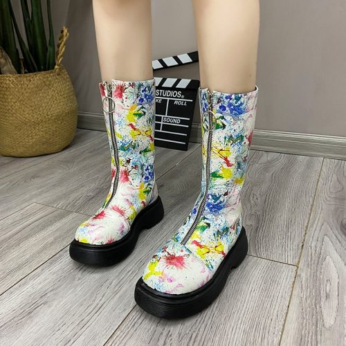 Women Knee High Boots Full  Leather Warm Boots Thick High Heels Motorcycle Boots Punk Shoes Woman High Boots