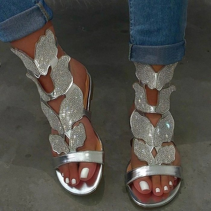 2021 New Summer Fashion Rhinestone Sandal Women Butterfly Soft Non-slip Flat Shoes Female Casual Breathable Outdoor Beach Sandal