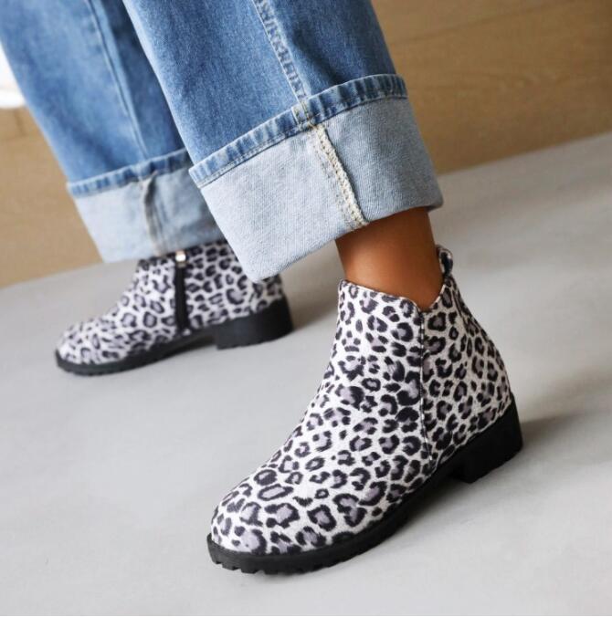 Rinding Botas Femininas Flock Square Heels 3.5cm Boots Big Size 45 46 Autumn Ankle Comfort Booties Lady Shoes Round Toe Leopard