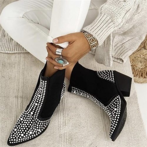 High Quality Square Heels Classic Fashion Rivets Elastic Ankle Boots