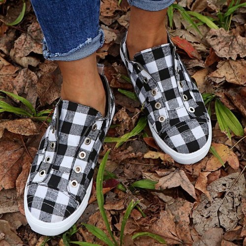 Women's Plaid Canvas Shoes Casual Women Sneakers Woman Vulcanized Shoes Fashion Flat Platform Ladies Slip On Loafers