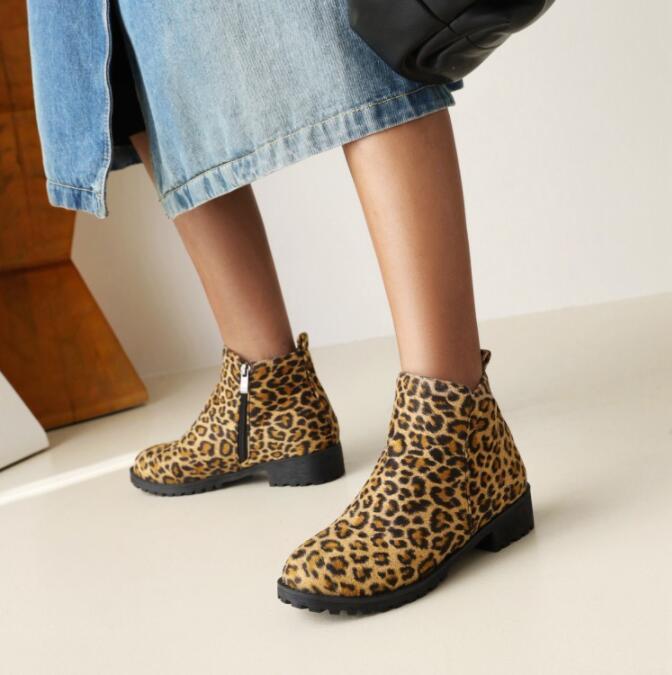 Rinding Botas Femininas Flock Square Heels 3.5cm Boots Big Size 45 46 Autumn Ankle Comfort Booties Lady Shoes Round Toe Leopard