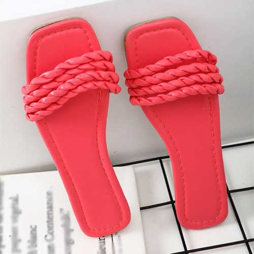 2021 Woven Slippers Women Slip On Slides Fashion Square Toe Leather Flat Sandals Female Outdoor Casual Slipper Woman Flip Flops