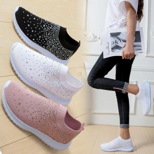 2021 New Women Crystal Sneakers Spring Autumn Casual Zipper Flat Shoes women Non-slip Breathable Outdoor Vulcanized Shoes woman