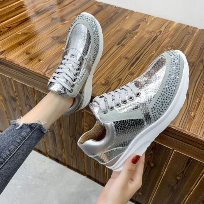 Women Casual Shoes Fashion Wedge Flat Shoes Lace Up Comfortable Ladies Sneakers Female Vulcanized Glitter Bling Shoes Women