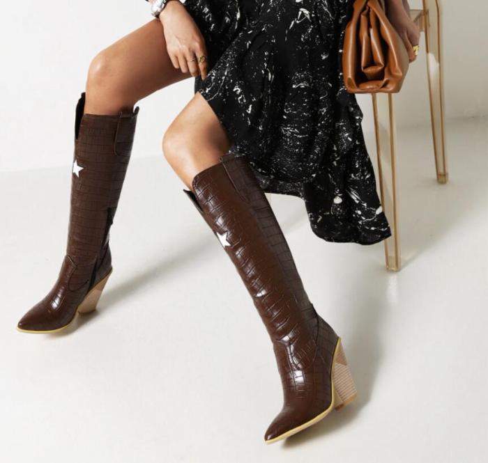 Crocodile Embossed PU Knee-High Boots Women Pointed Toe Slip-On Super High Heels Shoes Women Luxury Fashion