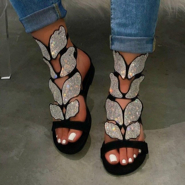 2021 New Summer Fashion Rhinestone Sandal Women Butterfly Soft Non-slip Flat Shoes Female Casual Breathable Outdoor Beach Sandal