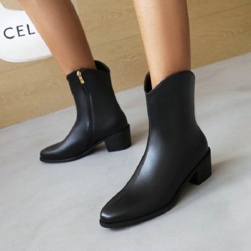 2021 PU Solid Black Winter Pointed Toe Goth Boots Winter Shoes For Women Mid-calf Riding Motorcycle Woman Boots
