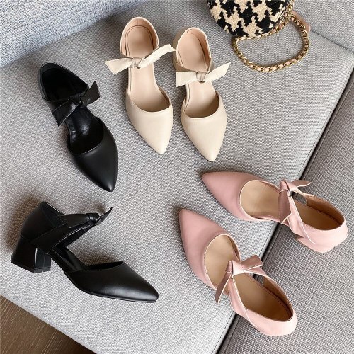 Women Classic Beige Square Hight Heel Shoes Sandals for Party Ladies Pu Leather Ankle Strap Bow Office Pumps