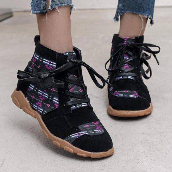Women Embroidered Round Head Lace-up Ankle Boots