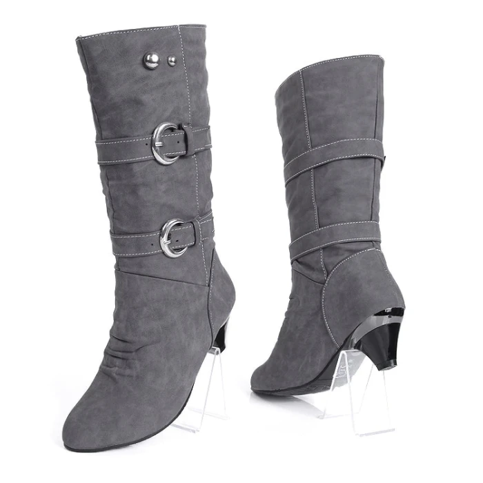 Big Size 34-43  Autumn Winter PU Leather Buckle Chunky Heels Mid Calf Boots Hot Sale Round Toe Slip on Casual Women Shoe