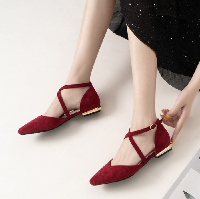 Strappy Faux Suede Burgundy Flats