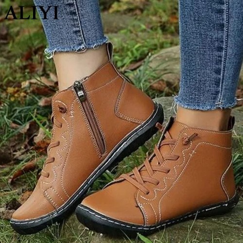 Autumn Casual Single Shoes Women 2021 New Round Toe Ladies Soft Faux Leather Non-Slip Shoes 35-43 Large-Sized Ankle Boots