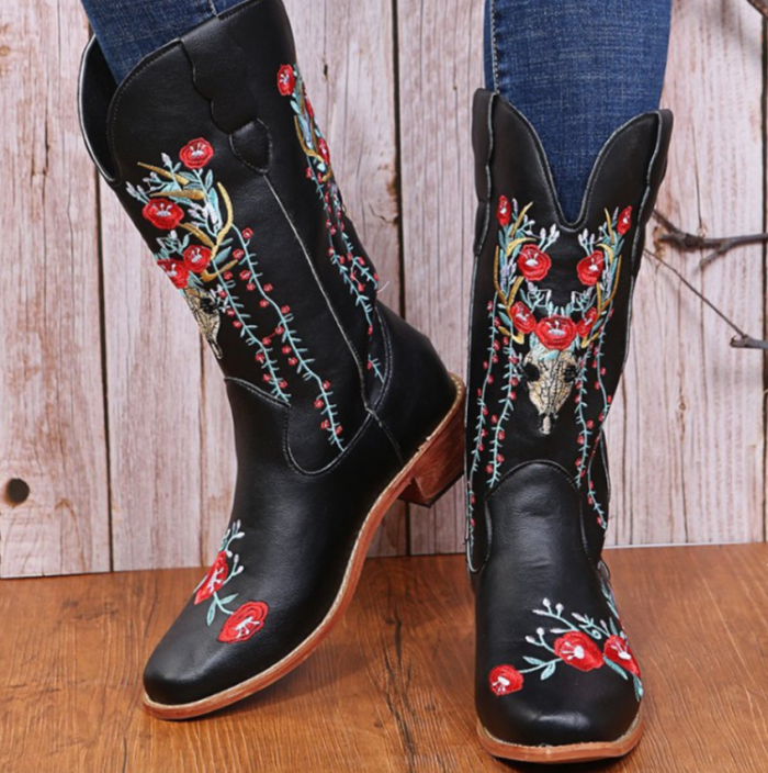 Women's Retro Embroidered Square Toe Mid-Calf Boots