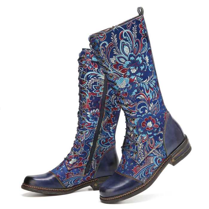 Flowers Pattern Colorful Stitching Elegant Zipper Lace Up Flat Mid Calf Boots Elegant Shoes Women Shoes