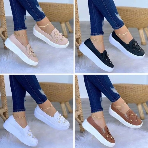New Women Spring Autumn Shallow Flower Big Size Shoes Nubuck Flat Heels Casual Breathable Wearable Slip On Shoes