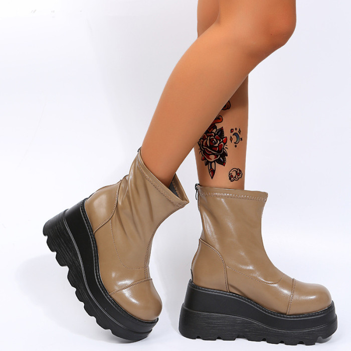 Women Fashion Round Toe Zipper Platform Square Heel Boots