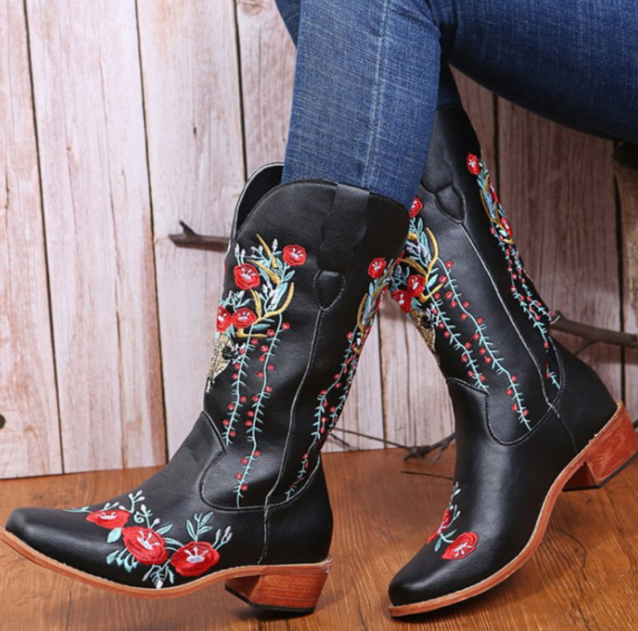 Women's Retro Embroidered Square Toe Mid-Calf Boots
